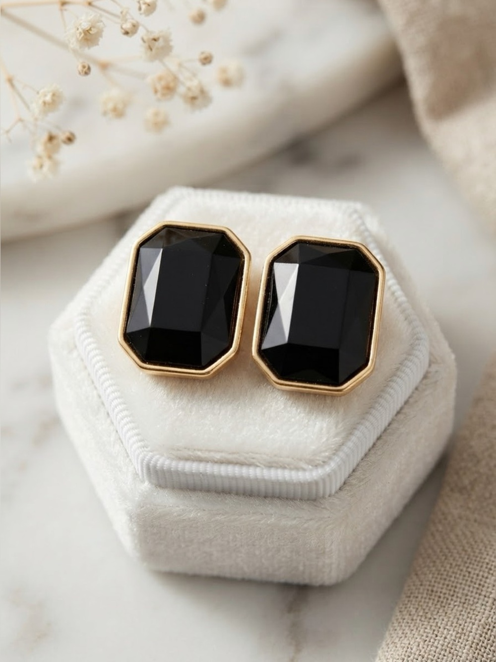 Vintage Art Deco Black Stone Stud Earrings | Emerald-Cut Gold-Tone Bezel Earring